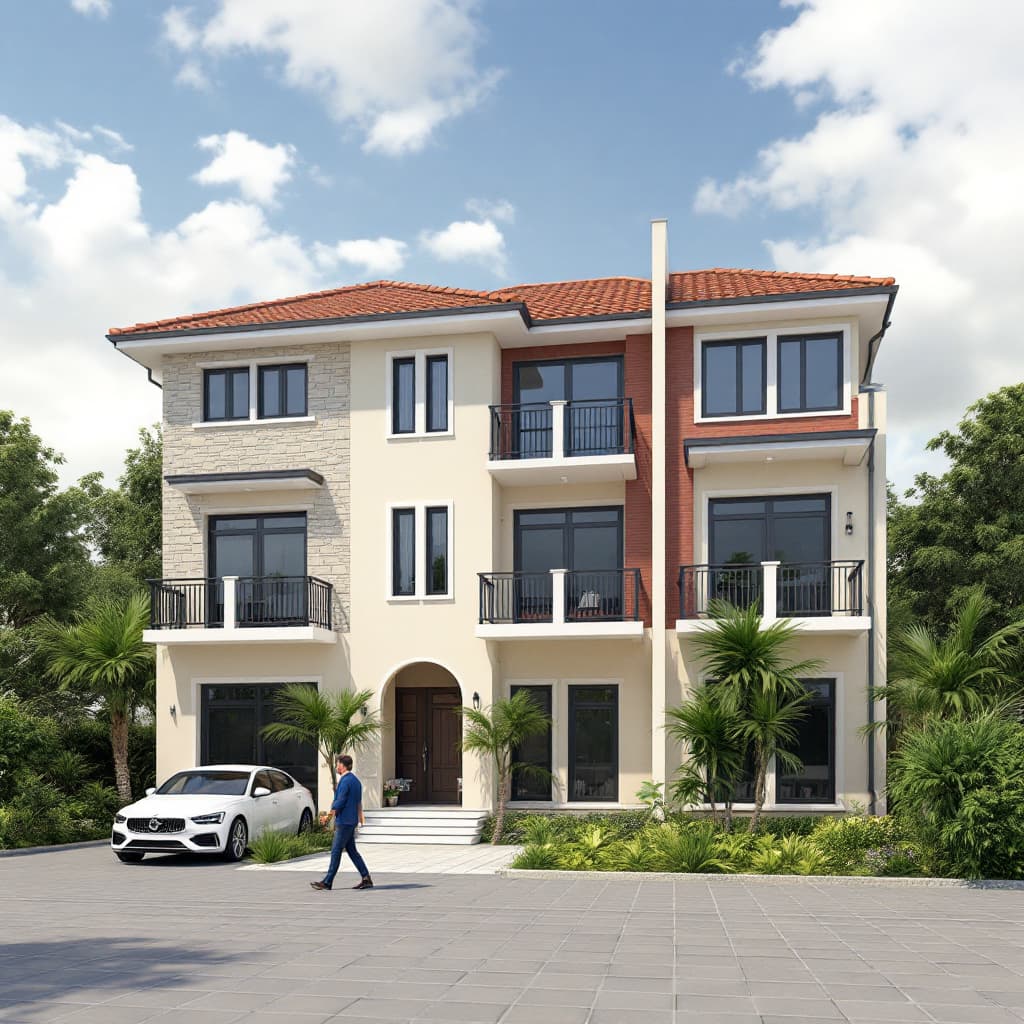 AI generated: Generate a 3D rendering of a two-story, modern residential house with a symmetrical facade. The hous...