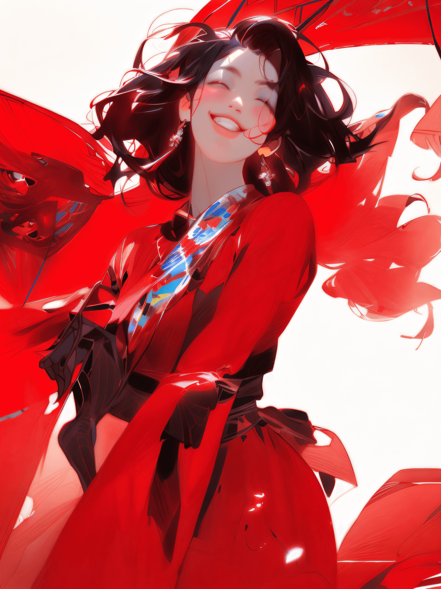 AI generated: there is a woman in a red dress holding an umbrella, artgerm and atey ghailan, guweiz, artwork in th...