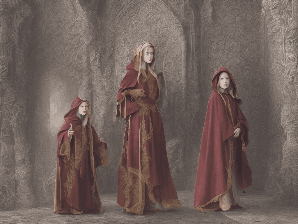 AI generated: 
High-resolution photography of with the focus one soprano singer a female monk in dark burgundy hig...