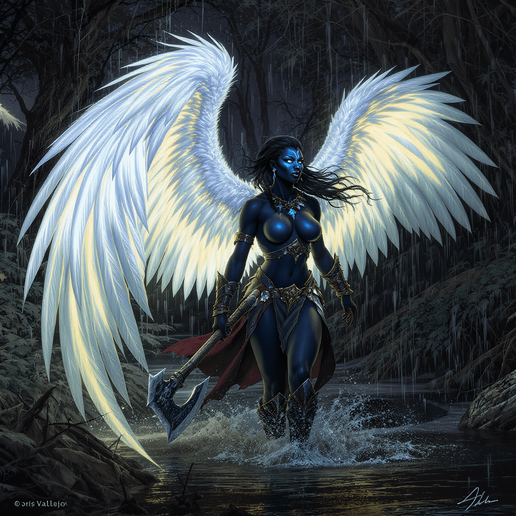 AI generated: Full body shot of a black  African female barbarian dressed warrior wearing blue face paint and, hol...