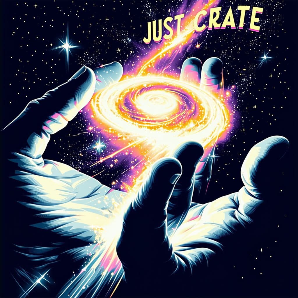 AI generated: Two giant hands in space holding a glowing spiral galaxy, light spilling between fingers, stars and ...