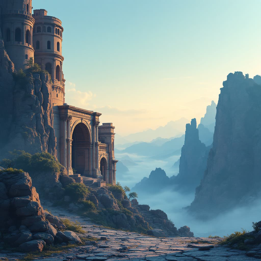 AI generated: generate an image of a backdrop that has a building with ancient arc on it 