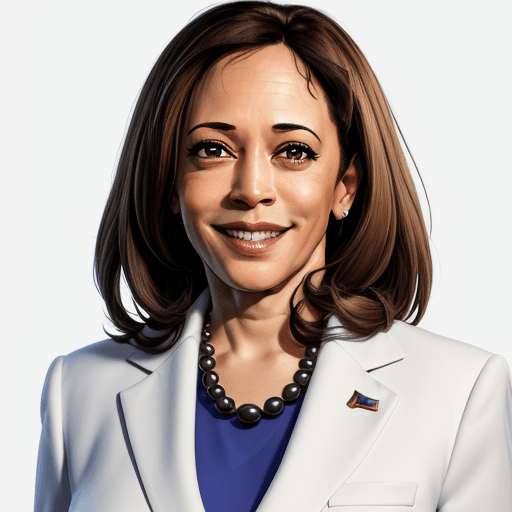 AI generated: cartoon kamala harris headshot, looking into camera, white background, smiling, 4K, wearing a suit
