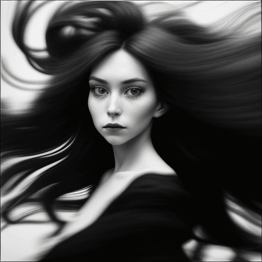 AI generated: a woman with long wild hair on a windy day, in the style of toy camera effects, haunting elegance, f...