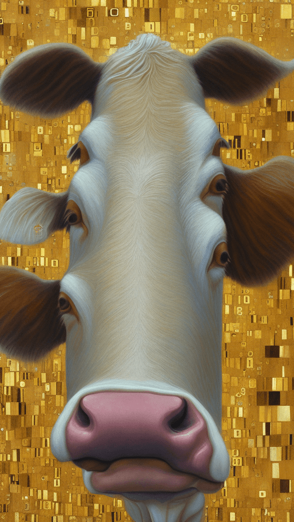 AI generated: a soft and breathtaking detailed painting of a sleeping cow  in the style of Gustav Klimt, , shiny g...