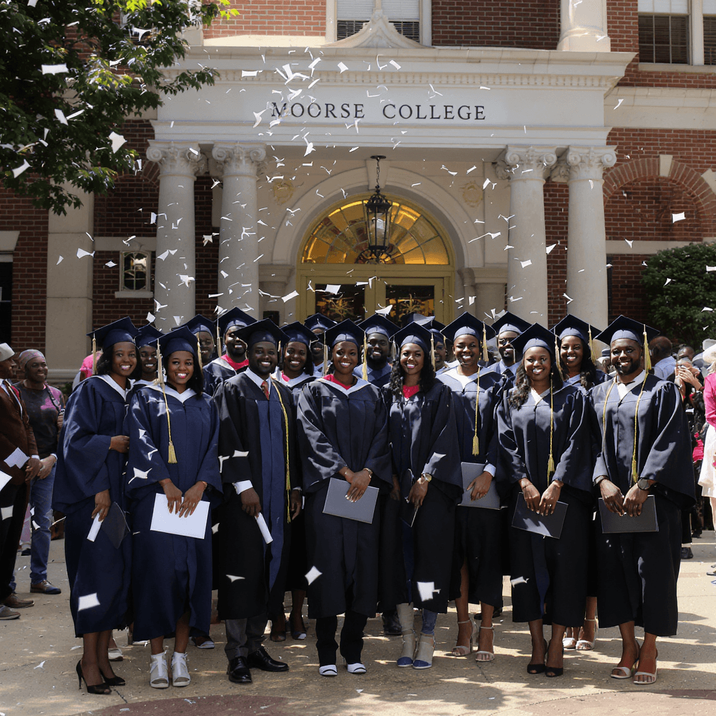 AI generated: A full-body view of a group of African American students in graduation gowns and caps, standing prou...