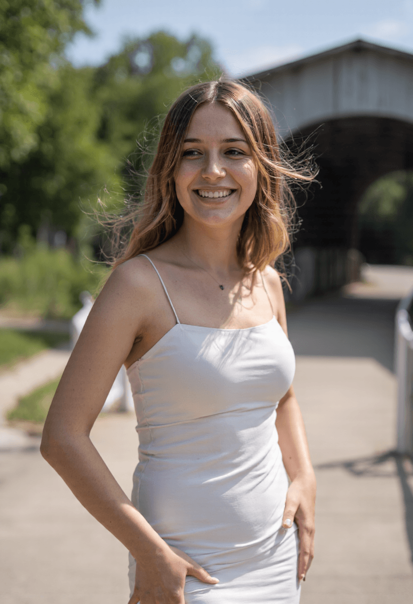 AI generated: A happy woman stands in front of the old covered bridge, her style radiating through every detail of...