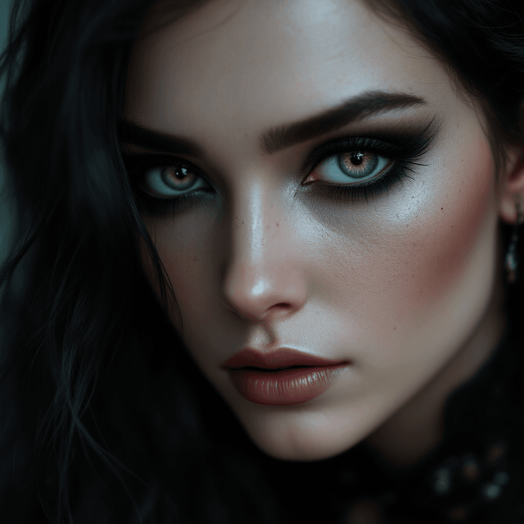 AI generated: a woman with green eyes, black goth makeup, in the style of realism with fantasy elements, daz3d, fi...