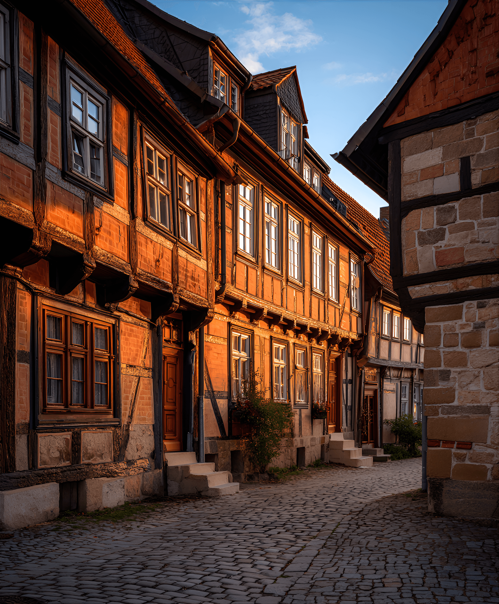 AI generated: 19th century Fachwerk houses in Quedlinburg, Germany,timberframed structures, cobblestone streets, h...