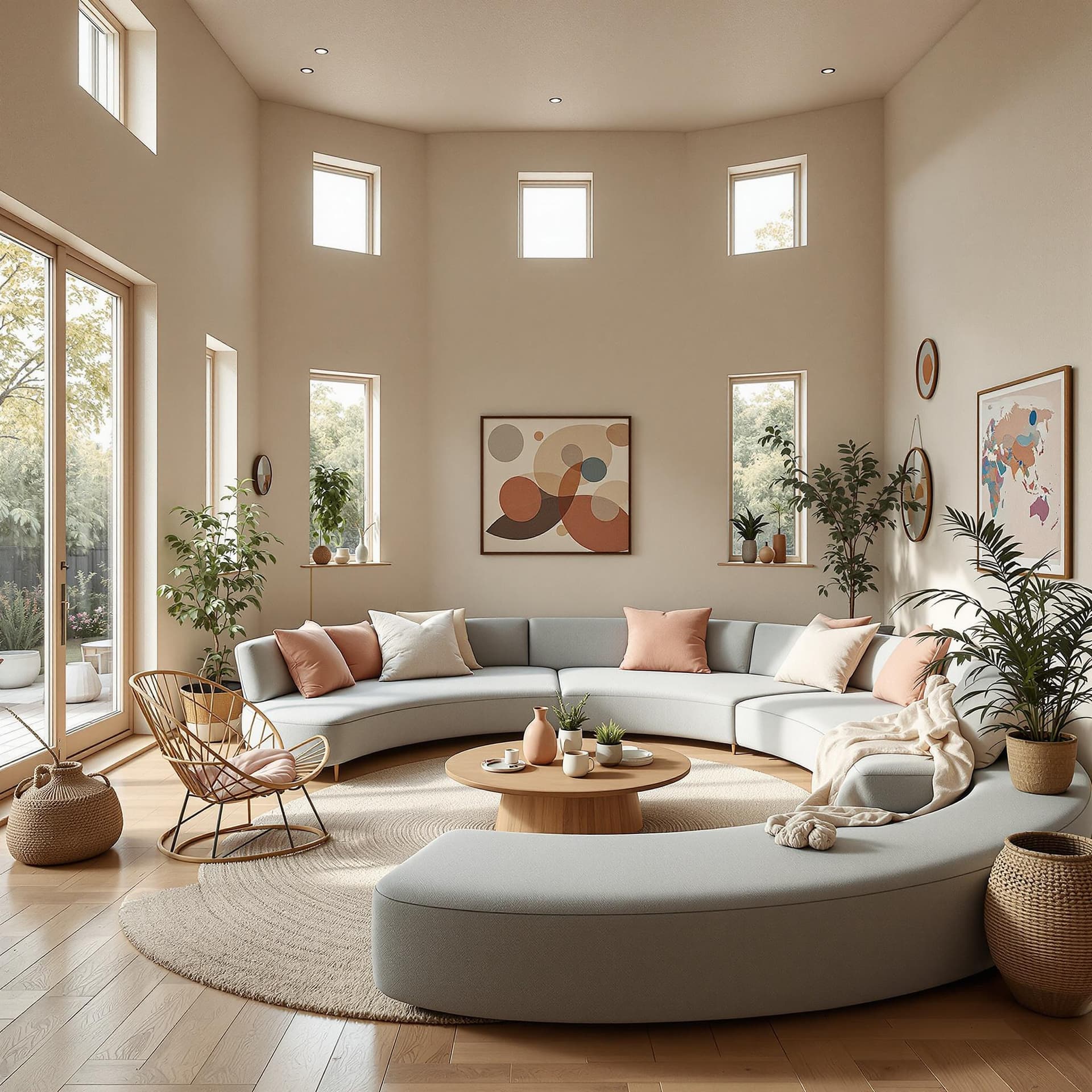AI generated: High resolution photography interior design, dreamy sunken living room conversation pit, wooden floo...