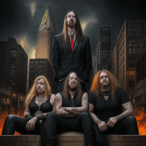 AI generated: Hyper realistic thrash metal, sitting on a city scene.  Money and Gentleman people, glowing and illu...