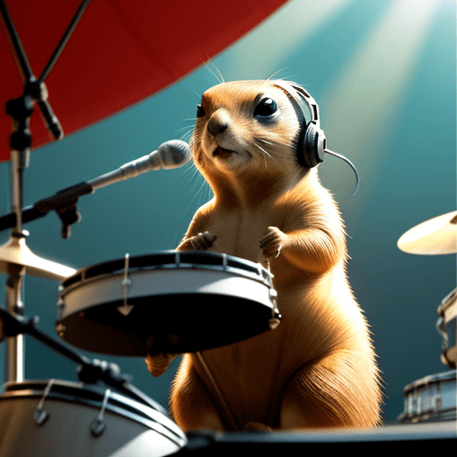 AI generated: cool prairie dog playing drum, in prairie music festival, wearing headphone,
