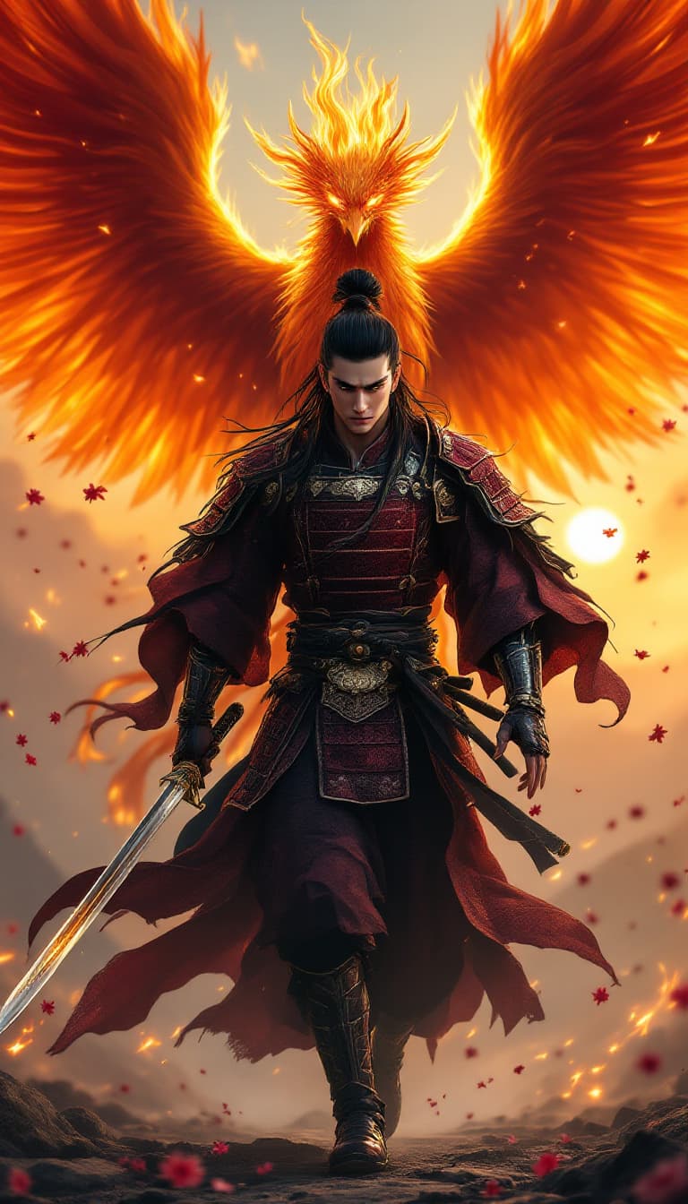 AI generated: An photo-realistic, zoomed out full-body portrait of a regal young Japanese samurai with long black ...