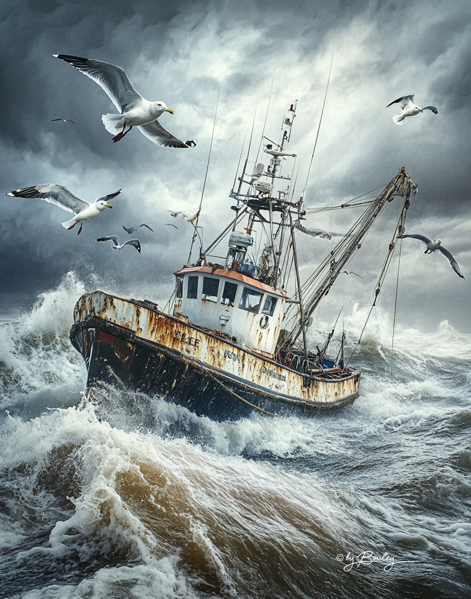 AI generated: Ultra high definition of a fishing boat at sea, a group of seagulls flying around the boat, rough wa...