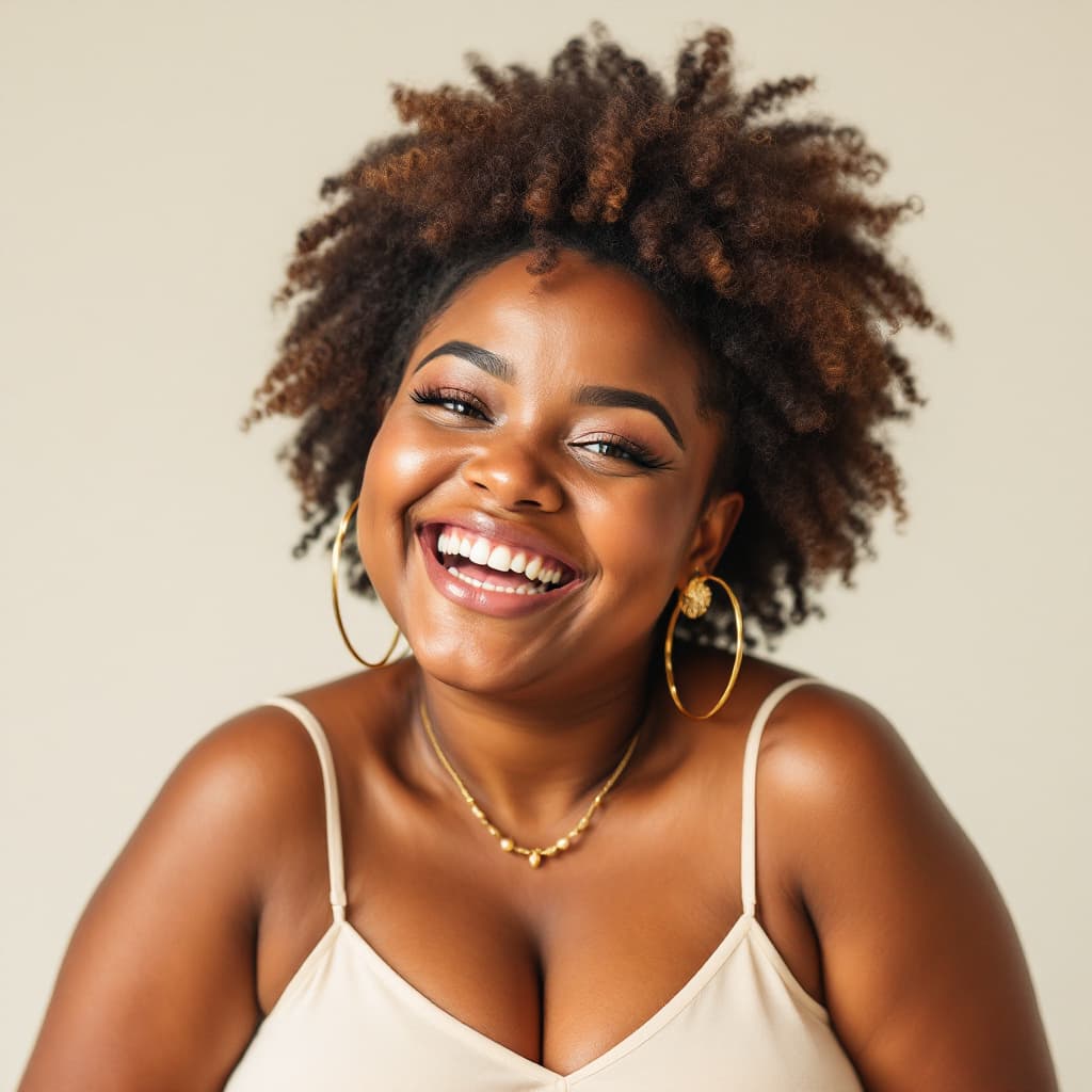 AI generated: Joyful chubby brown warm tone lady
