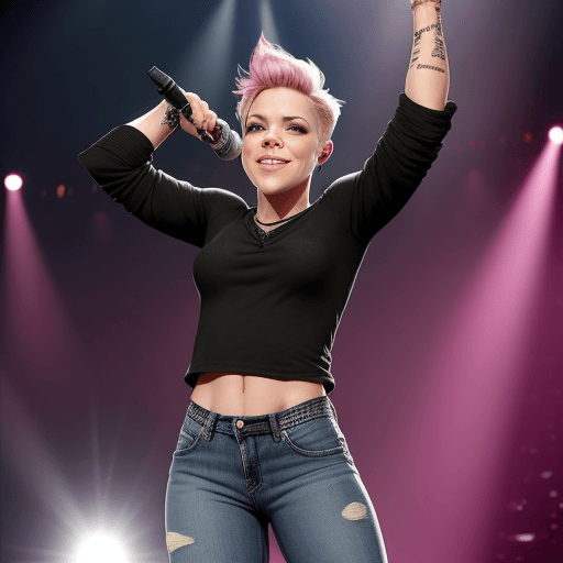 AI generated: singer p!nk, smile, short black hair, jeans