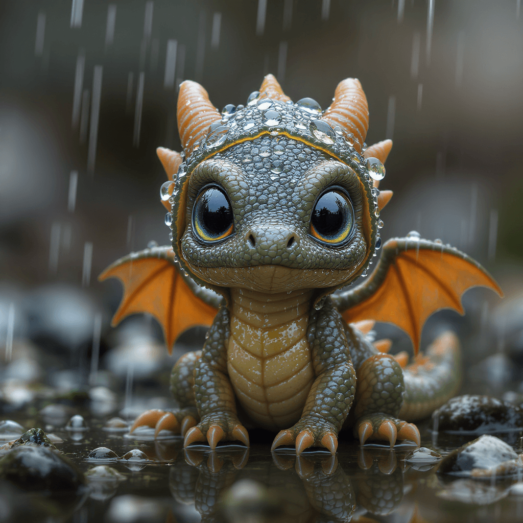 AI generated: A realistic micro baby dragon with big shiny eyes, wearing a tiny raindrop-covered hood, surrounded ...