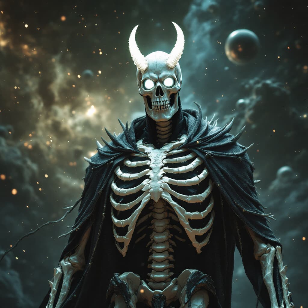 AI generated: God of Bones, full-body, Etherial, muscular, ((No mouth or hair)), Glowing white eyes, epic, cinemat...
