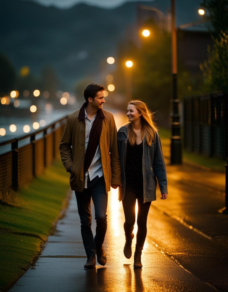 AI generated: Young couple, walking in the rain towards the camera, depth of field, lighting is warm and atmospher...