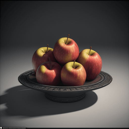 AI generated: 3D render conceptual stilllife with Sony digital camera with chromatic apples flying around the came...