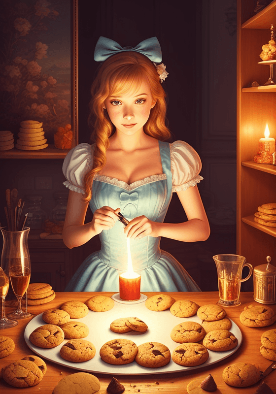 AI generated: a beautiful Alice in Wonderland, makes cookies, half body shot, magic castle atmosphere, midnight, D...