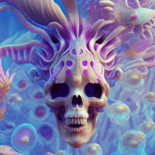 AI generated: Goddess close-up portrait ribcagel. jellyfish phoenix head, nautilus, orchid, skull, betta fish, bio...