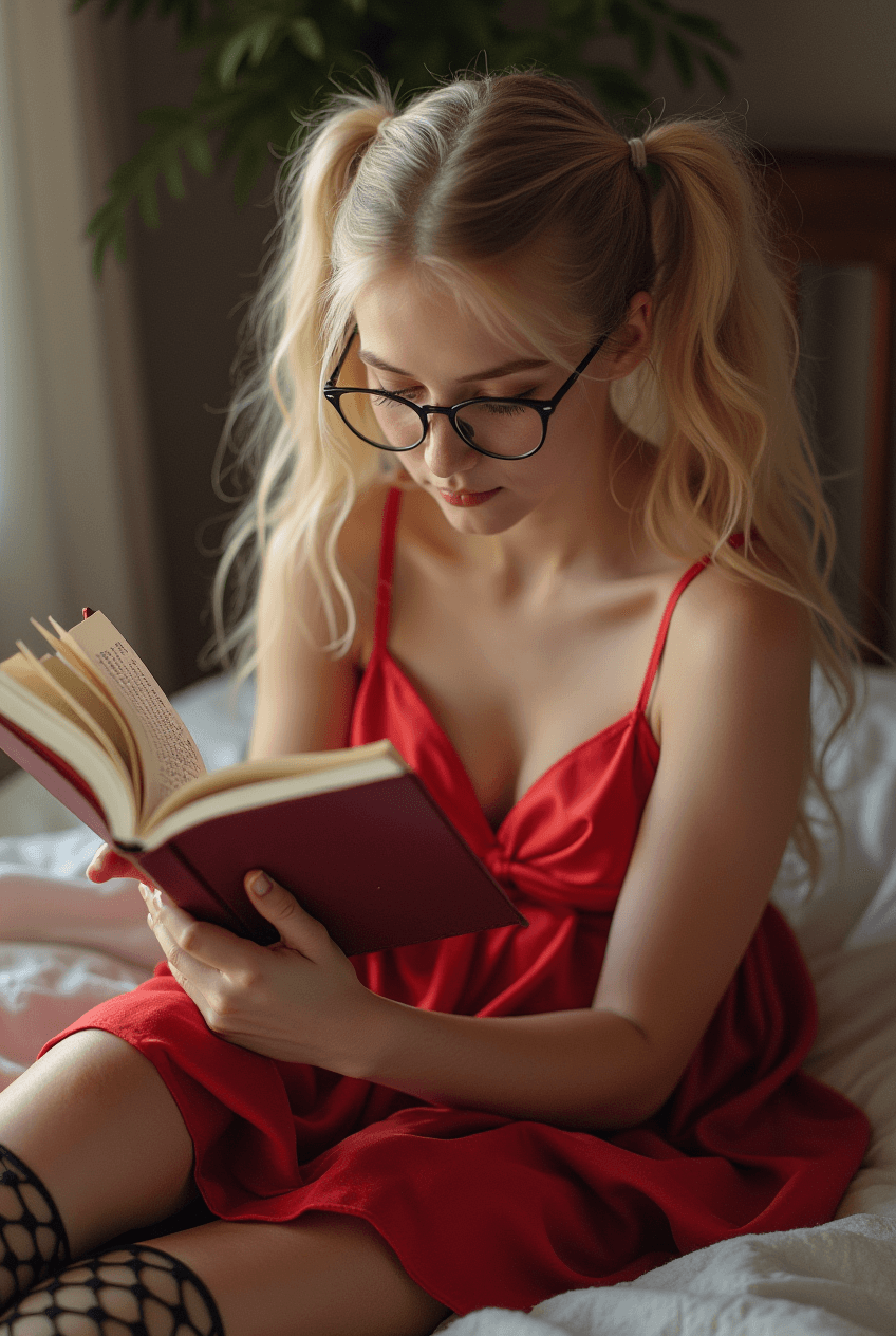 AI generated: oung blonde, pigtails, young girl, in a pointed satin red shimmering babydoll and black dotted satin...
