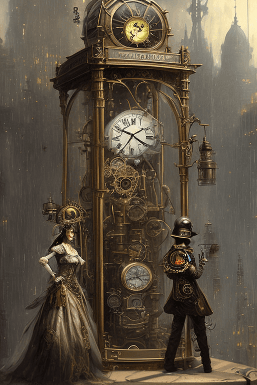 AI generated: time machine, haze, a woman in a steampunk outfit and a helmet on her head stands out of the time ma...