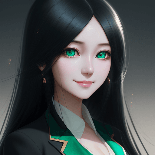 AI generated: 
girl with long black hair in black blazer and white blouse, azure eyes, shy smile, in the style of ...