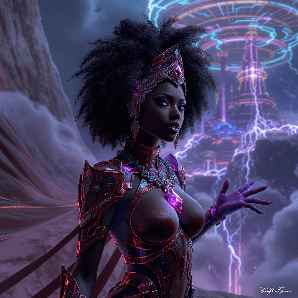AI generated: Afrofuturist style, Elite Afrofuturist queen in a red and black vibranium Adinkra armor suit, glowin...