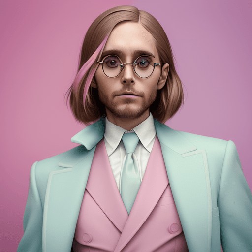 AI generated: Vogue style photo shoot of Jared Leto pastel colored background in Wes
Anderson style, hyper - reali...