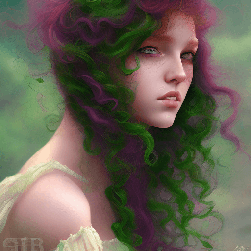 AI generated: red hair, purple eyes, curly hair, girl, european face, green dress, realistic art