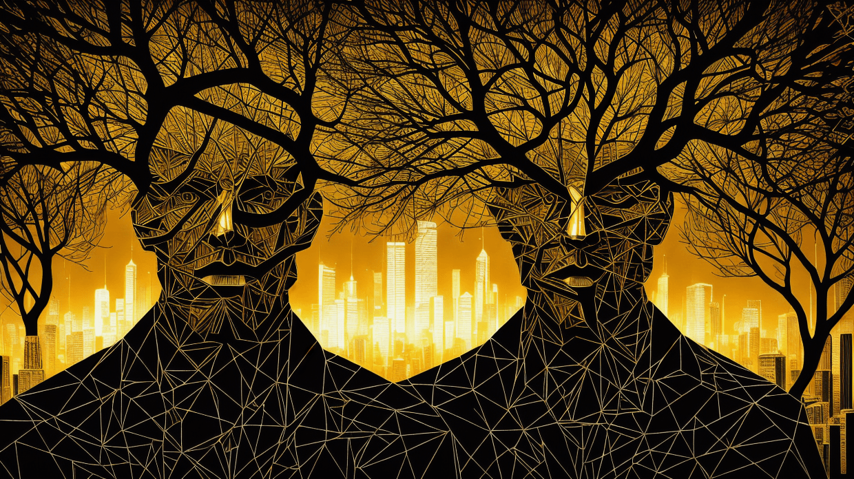 AI generated: digital artwork featuring a mans head intertwined with full of branches, blending urban surrealism a...
