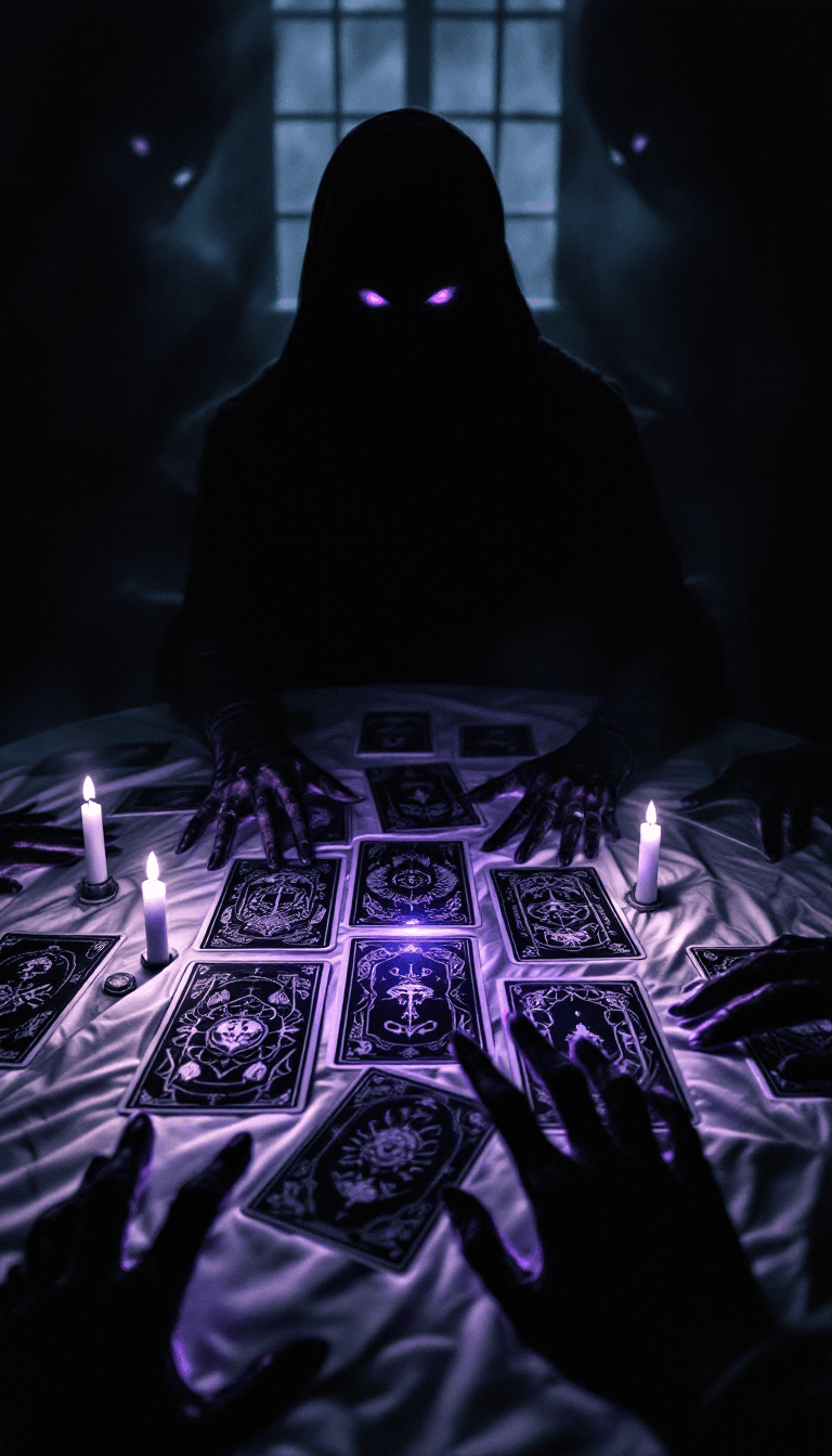 AI generated: A shadowy figure sits at a table bathed in flickering candlelight, their form barely visible apart f...