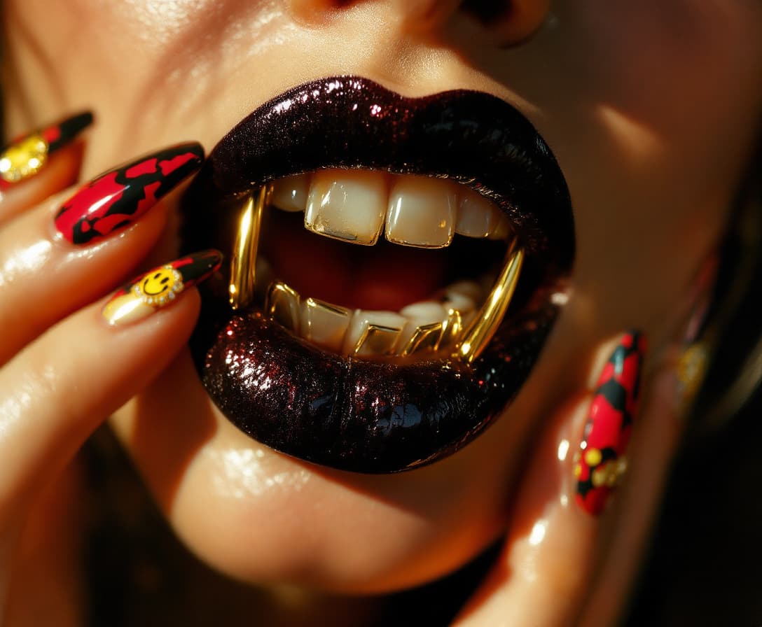 AI generated: In a high-fashion editorial photograph with a vintage 35mm film aesthetic, the subject's glossy cher...
