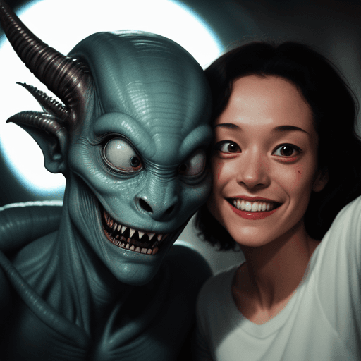 AI generated: two monsters from the movie alien doing a selfie smiling into the camera, closeup shot --s 250 --v 6...