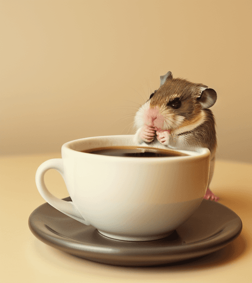 AI generated: a tired and sleepy hamster who is tired and slightly grumpy, is drinking a cup of coffee in an attem...