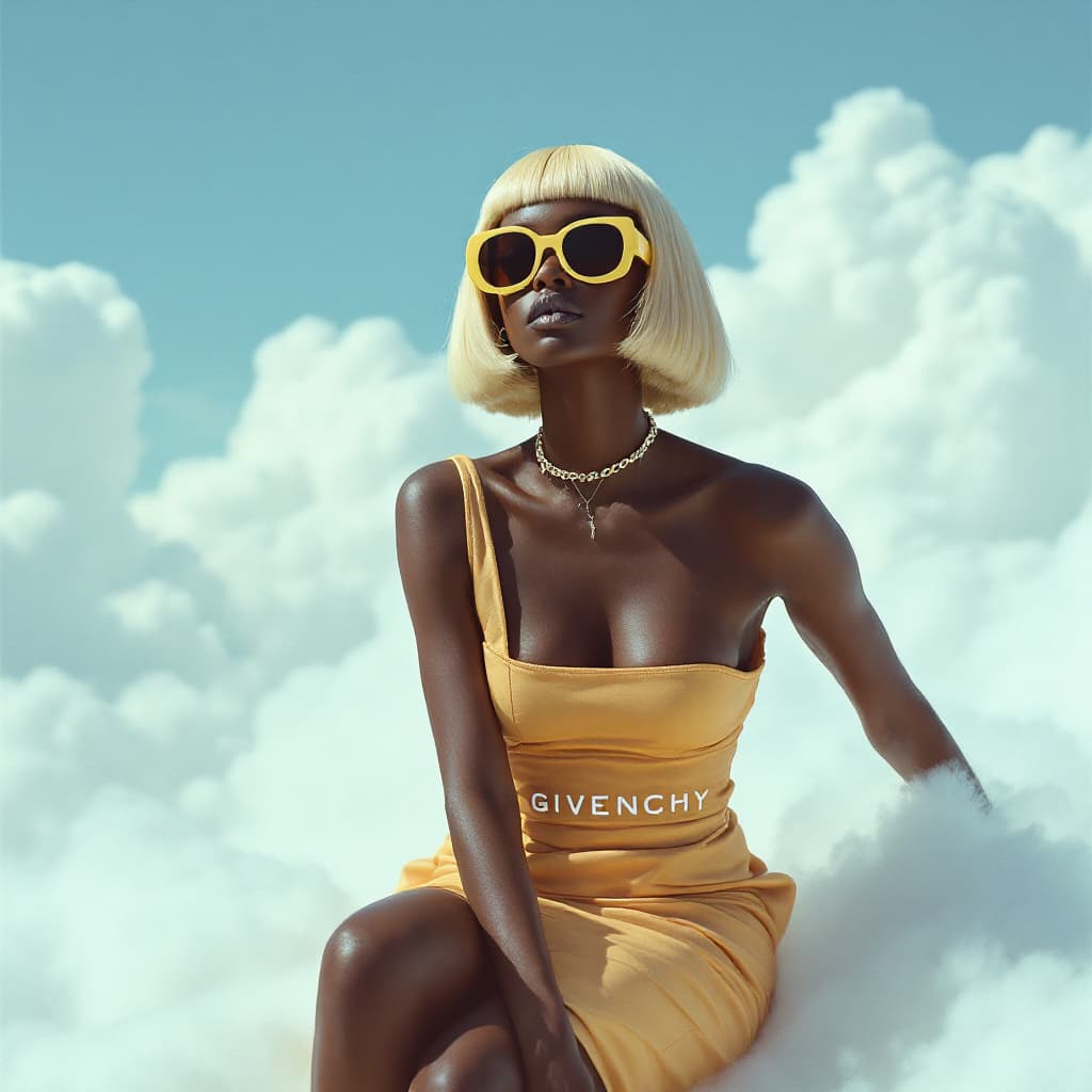 AI generated: A photo of an eccentric black woman sitting on top of white fluffy clouds wearing big sunglasses and...