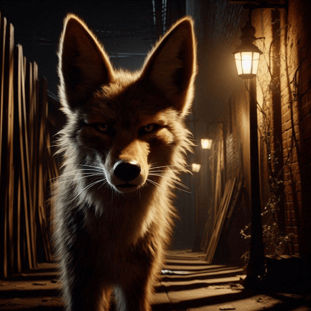 AI generated: Close-up professional cinematic 3D animation of a tall, lean, long-furred coyote standing under a fl...