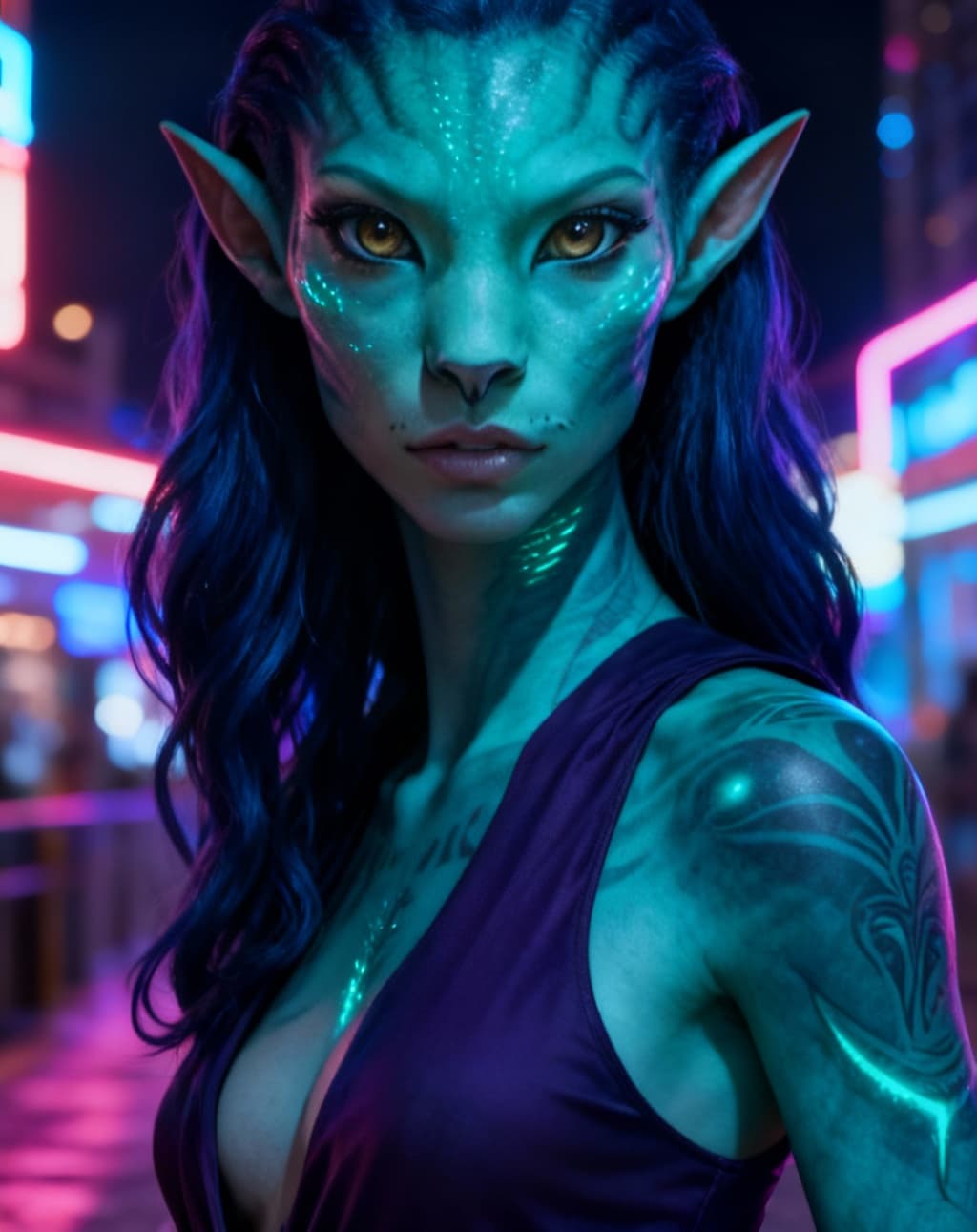 AI generated: Blend anthropomorphic to create a new anthropomorphic, alien hybrid. Give a Nightlife backdrop, and ...