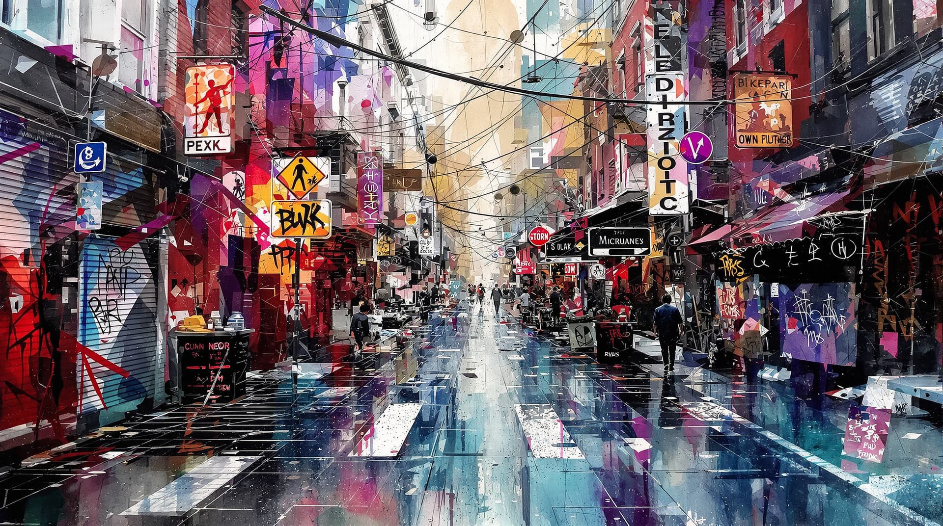 AI generated: A striking digital abstract artwork in Encaustic wax style, masterfully blending surreal urban fanta...