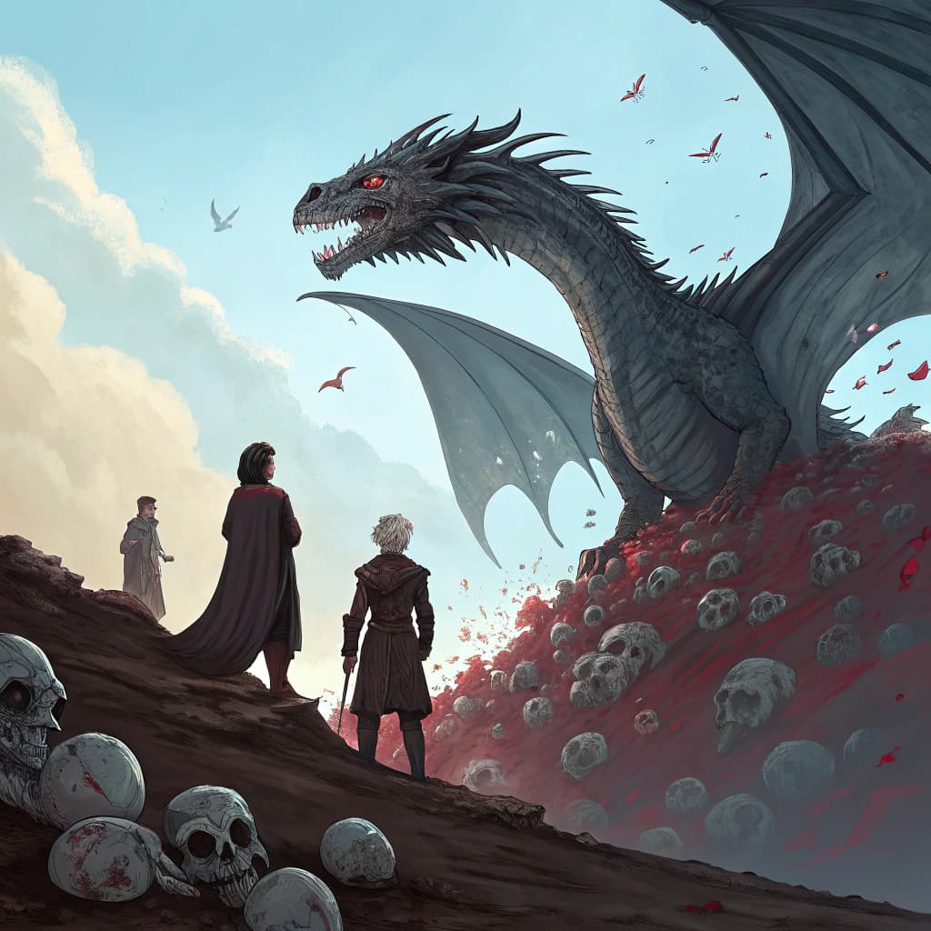 AI generated:  people are standing under a dragon watching other skulls, in the style of concept art, light sky-bl...