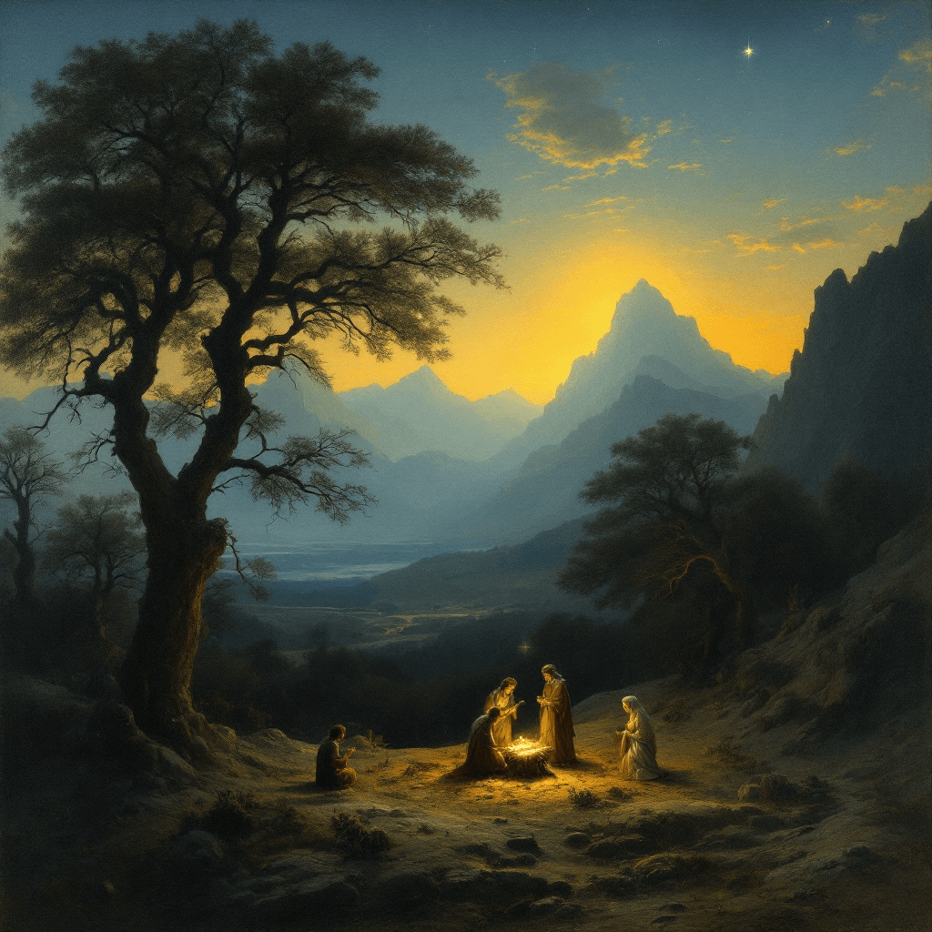 AI generated: A nativity scene painted by Caspar David Friedrich based on motifs from his most famous landscape pa...