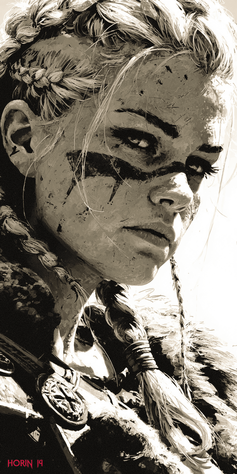 AI generated: black and white drawing of a Viking warrior woman with braided hair, wearing war paint on her face, ...