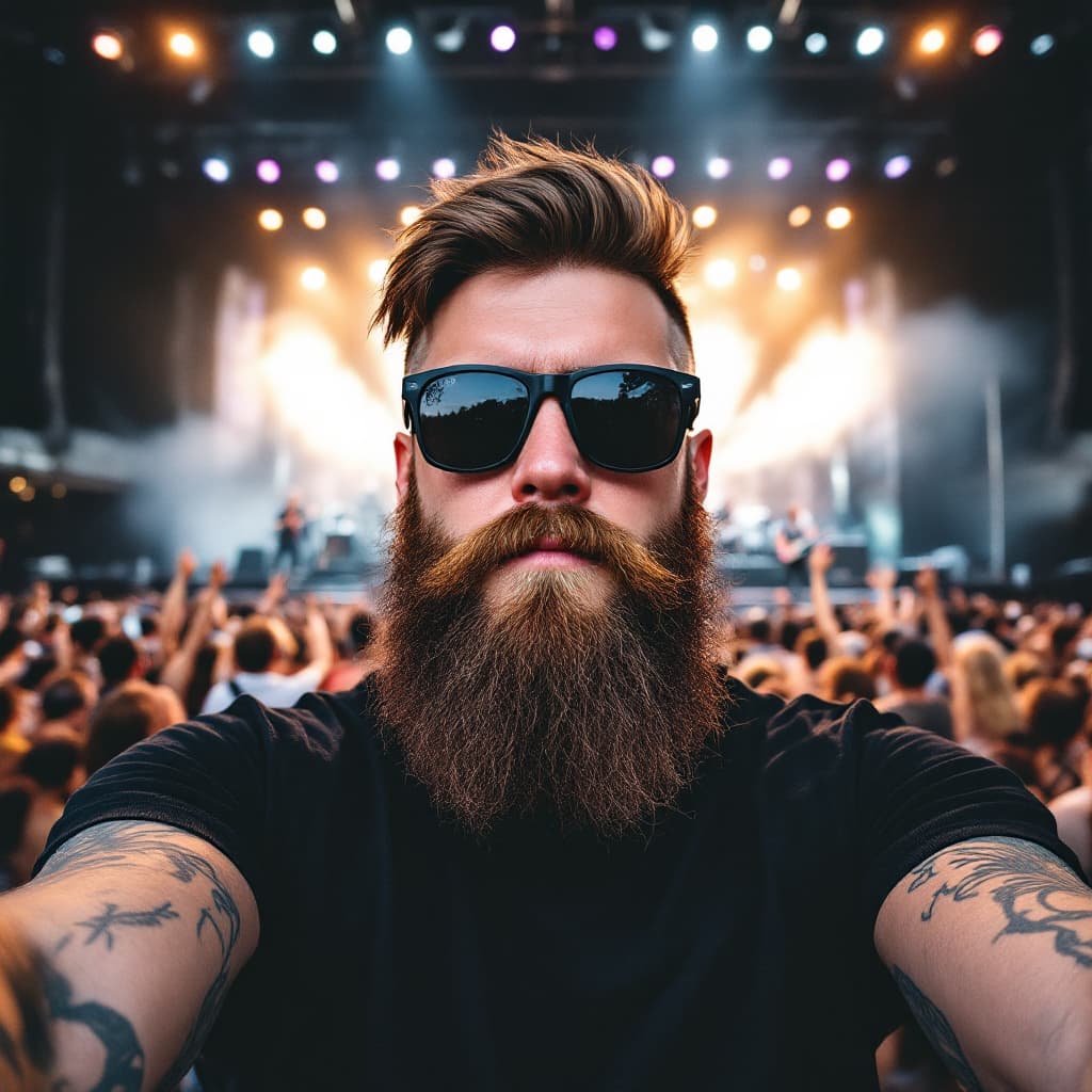 AI generated: A young Caucasian man with short brown hair, a long beard, wearing sunglasses and a black t-shirt, s...