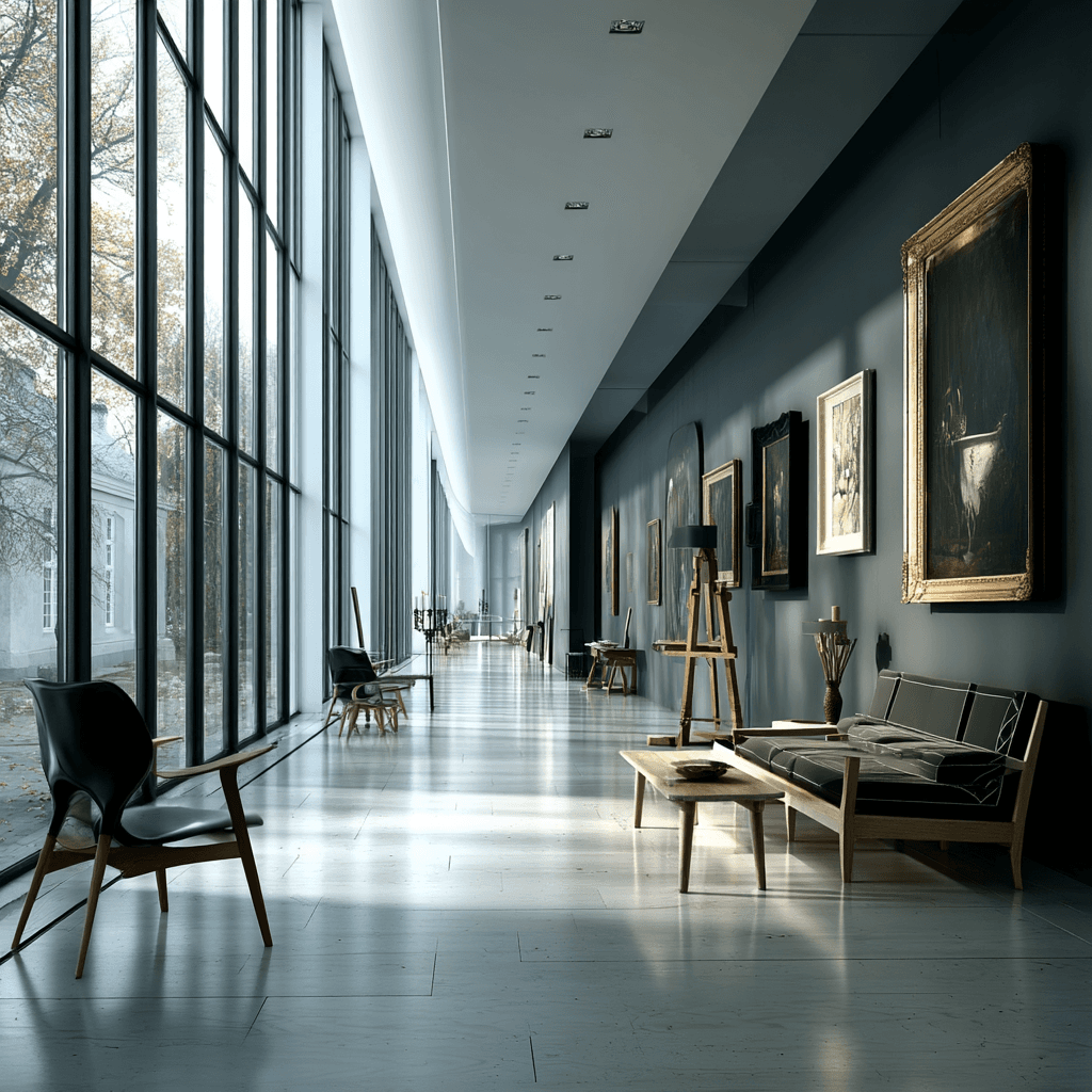 AI generated: Style of Christian Krohg, minimalist, Scandinavian furniture, spacious, airy, monochromatic color sc...