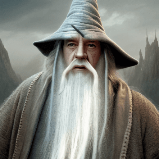 AI generated: Gandalf Gray, wise face, long almost white beard, wrinkled face, big eyebrows, long robes, hat, on a...