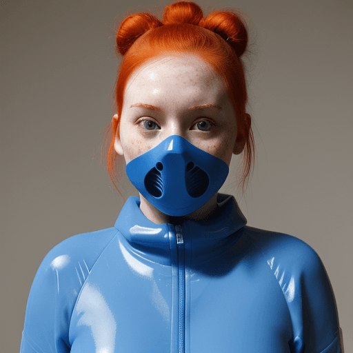 AI generated:  A girl, fat, pale skin, red hair in tight bun, freckles, wearing blue rubber hazmat suit, 