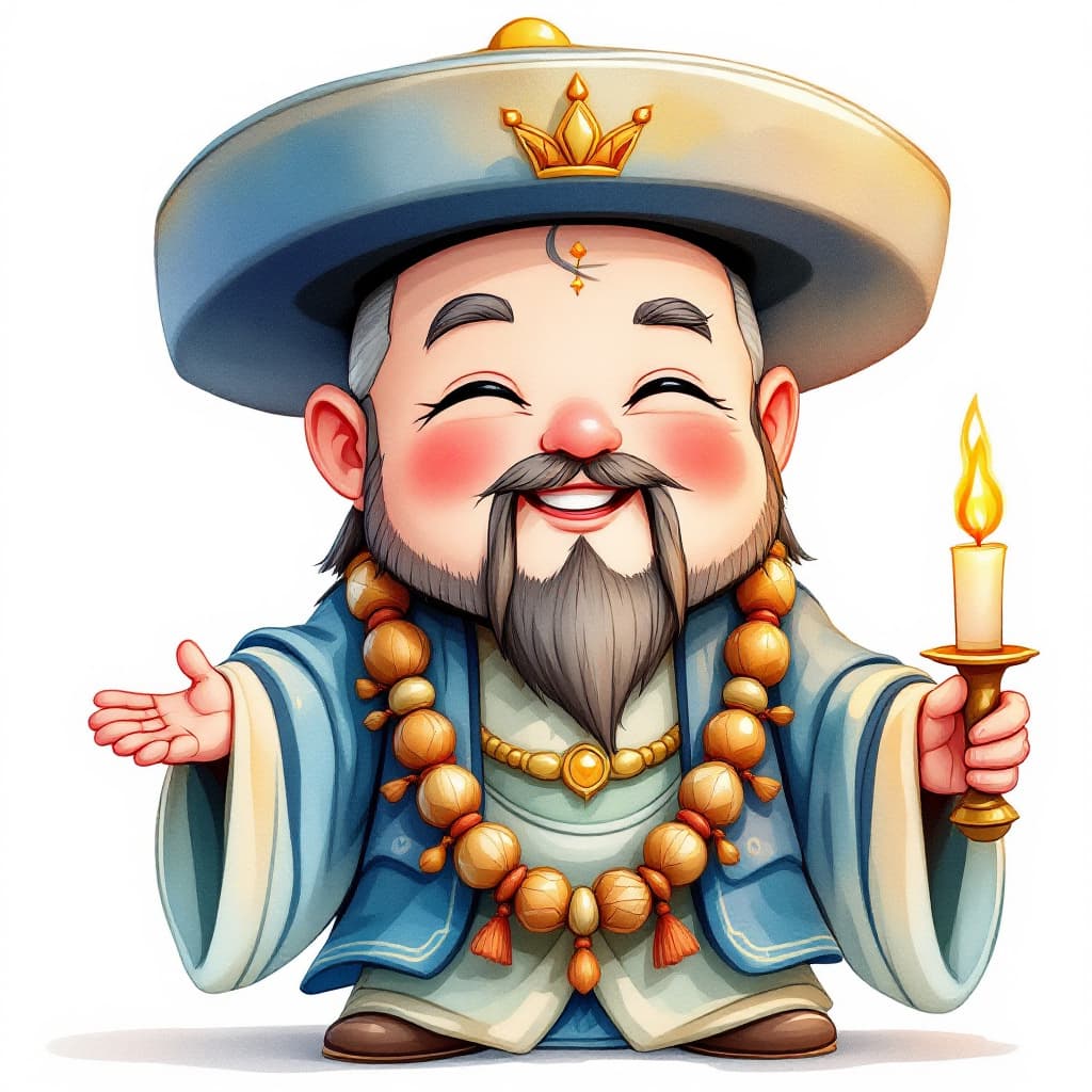 AI generated: A cute, oriental, Taoist, male, god, watercolor cartoon, propagating Dharma, wearing a crown, eyes s...