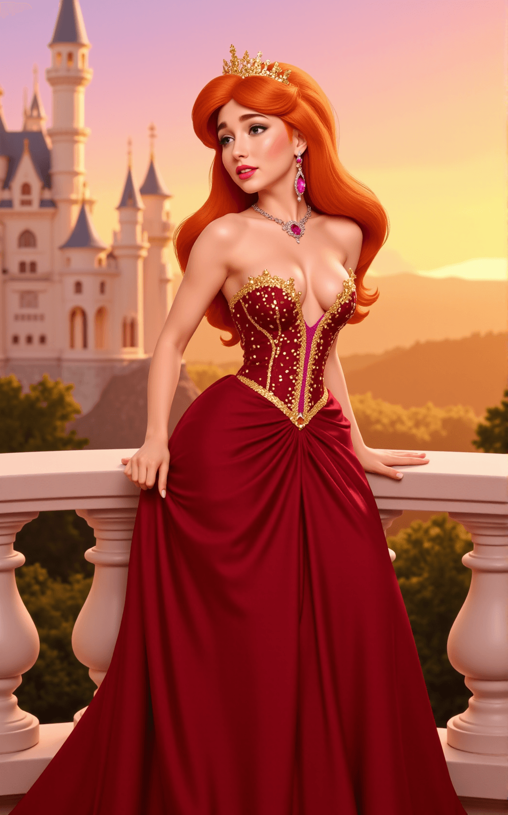 AI generated: A Disney-esque princess, dressed in an eye-catching burgundy deep plunging v-neckline gown that flow...